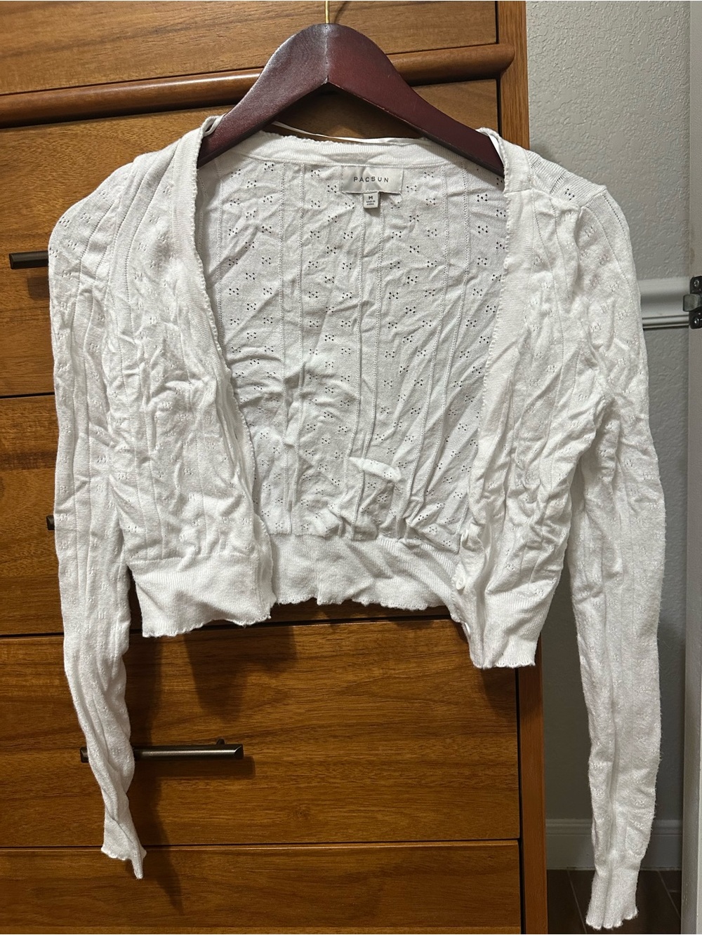 PacSun White Cropped Open-Front Cardigan with Eyelet Knit